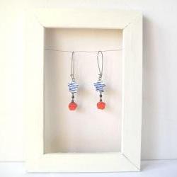 Earrings, blue stripe porcelain stars and red resin rose - Sailor Stripes
